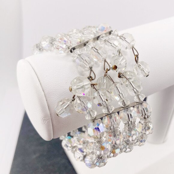 VINTAGE Four-strand clear AB beaded memory wire bracelet ~ 1950s 1960s jewelry - Picture 6 of 6